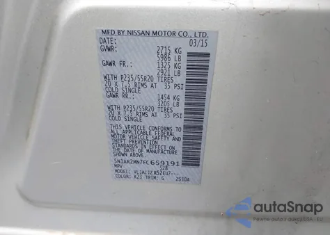 2015 Nissan Pathfinder Platinum from USA, damaged, VIN 5N1AR2MN7FC659191
